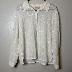 Christie & Jill Vintage Sheer White Floral Embroidered Button Up Shirt